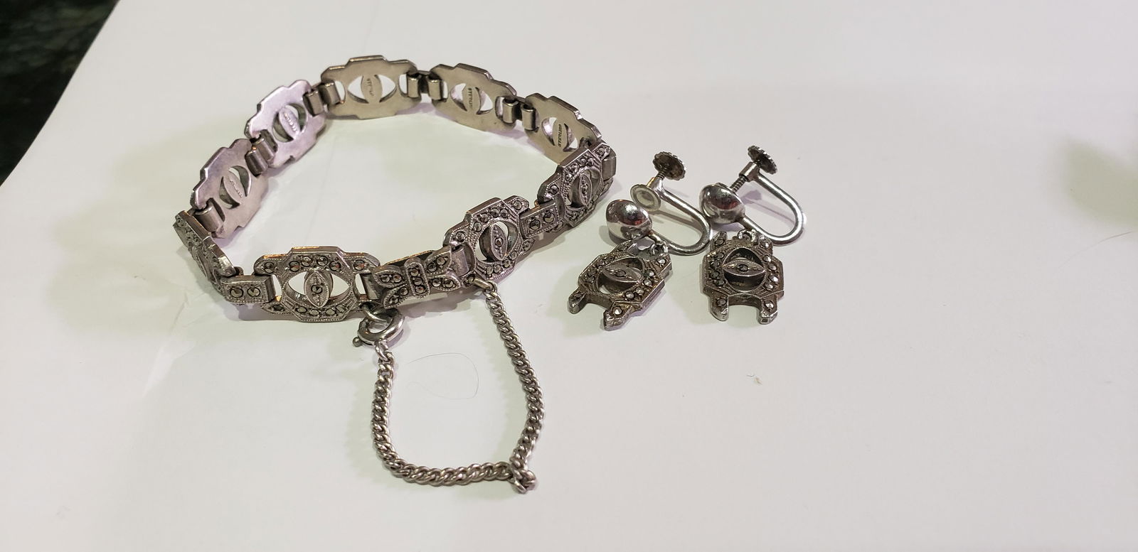 Antique Sterling Marcasite Bracelet Earring set Butterfly Clasp (1 of 5)