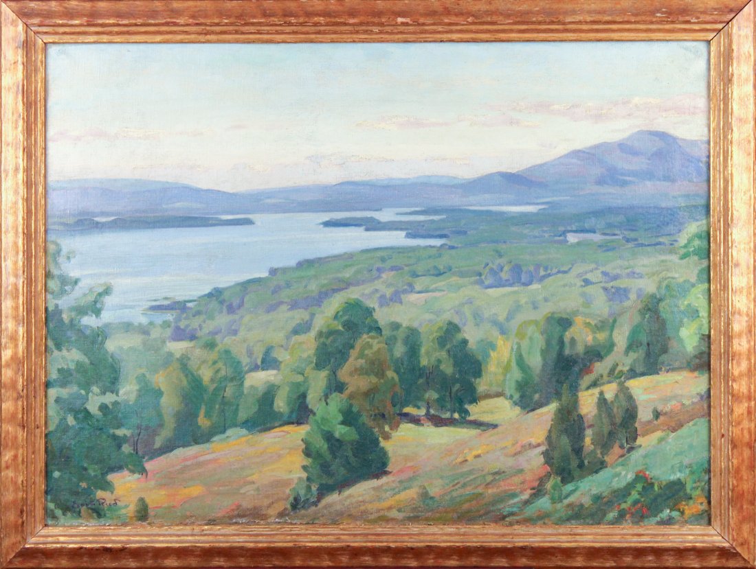 Esther Reed (1900-1989) Oil on Canvas Painting: Oil on canvas. Signed lower left. Distressed wood frame. Frame size: 25.75 x 34". Condition: Minor undulations to canvas at edges. Possible repaired pinholes at all corners.