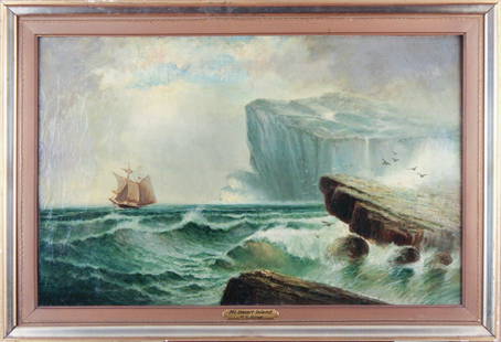 Mary Elizabeth King (1899-1991) Oil on Canvas Painting: Oil on canvas. Plaque at lower center "Mt. Desert Island" "M.E. King". Signed at lower left. Painted wood frame. Frame size: 22 x 32". Condition: minor, light abrasions to frame.