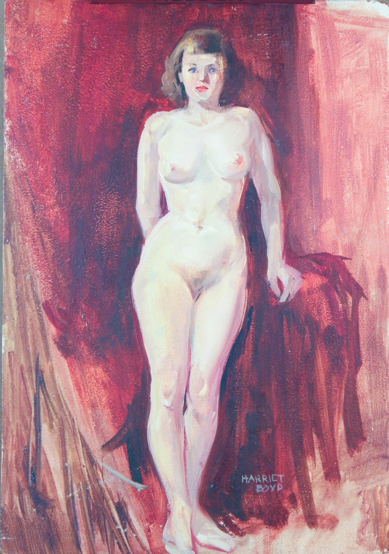 Harriet Boyd (1884-1976) Oil on Masonite Painting: Oil on masonite. "Standing Nude". Unframed. Condition: Loss to top right corner of masonite. Harriet Boyd was the wife of John Rutherford Boyd. Provenance: Letter written from the David Boyd Studio.