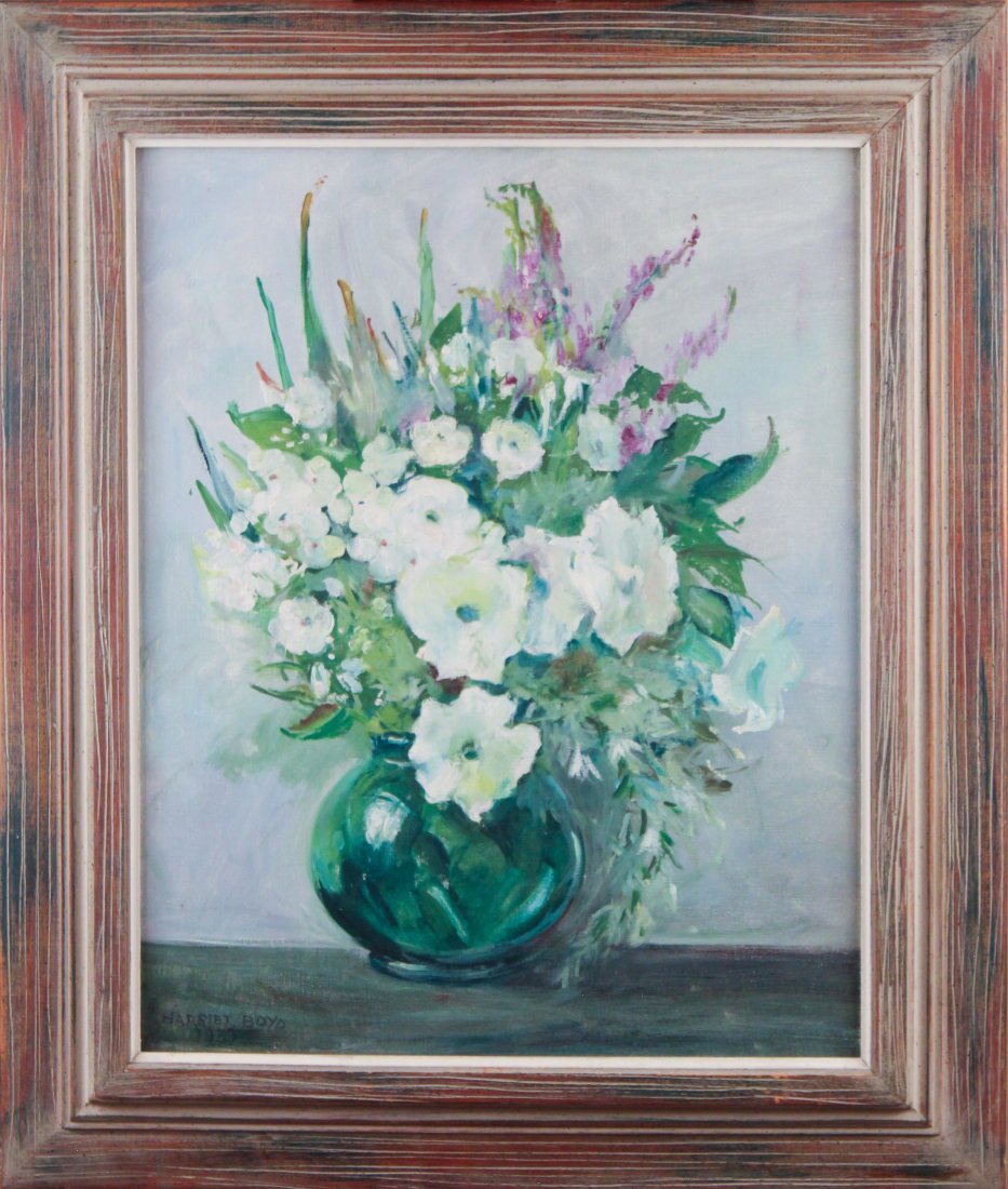 Harriet Boyd (1884-1976) Oil on Masonite Painting: Oil on masonite. "From My Garden". Signed and dated lower left. 1950. Distressed wood frame. Frame size: 26 x 22". Harriet Boyd was the wife of John Rutherford Boyd. Provenance: Letter written from th