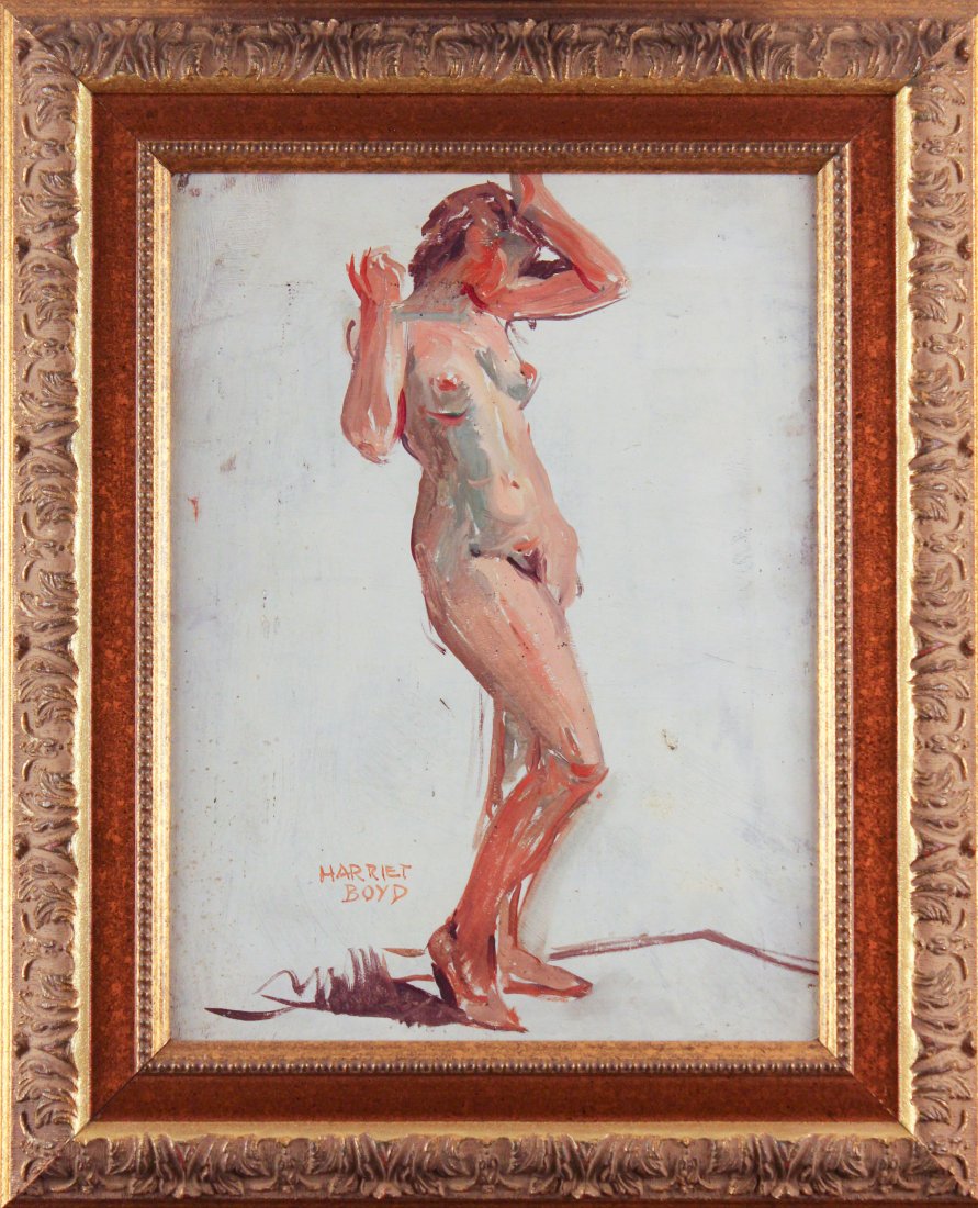Harriet Boyd (1884-1976) Oil on Masonite Painting: Oil on masonite. "Nude Off-White". Signed lower left. Wood frame. Frame size: 18.25 x 15". Provenance: Letter written from the Boyd Studio.
