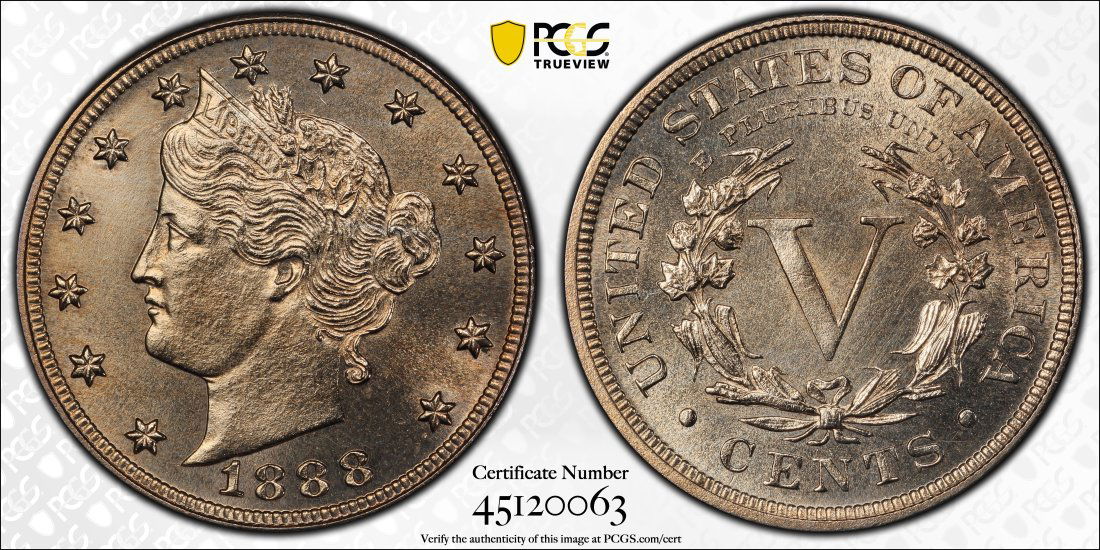 1888 United States 5 Cent "V Nickel", PCGS UNC Details (1 of 2)