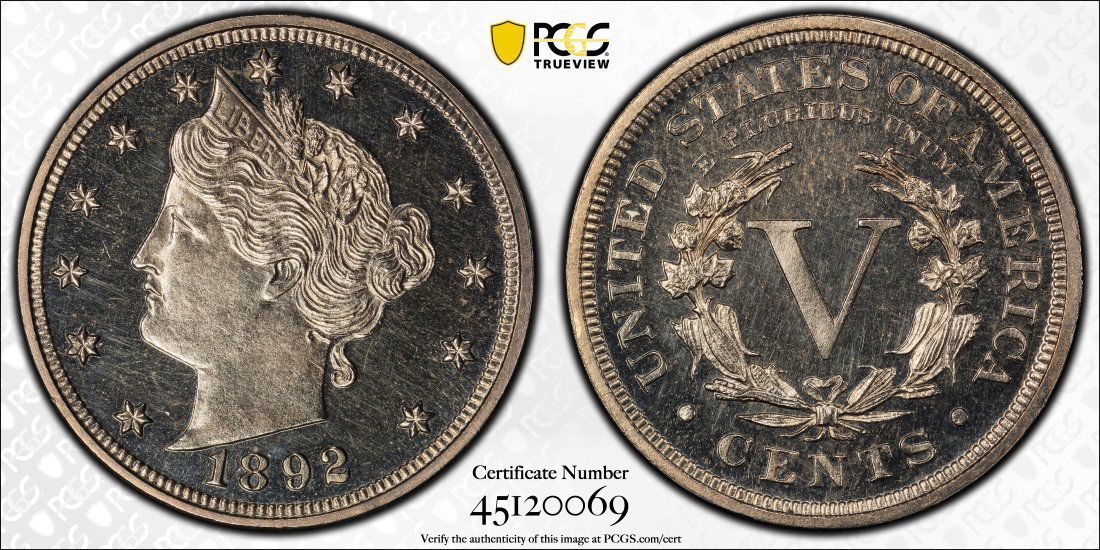 1892 United States 5 Cent "V" Nickel Proof, PCGS PR62 (1 of 2)