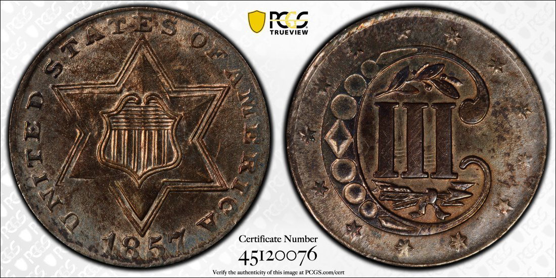 1857 United States 3 Cent Silver, PCGS AU Details (1 of 2)