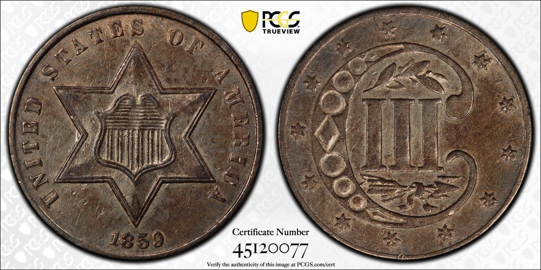 1859 United States 3 Cent Silver, PCGS AU Details (1 of 2)