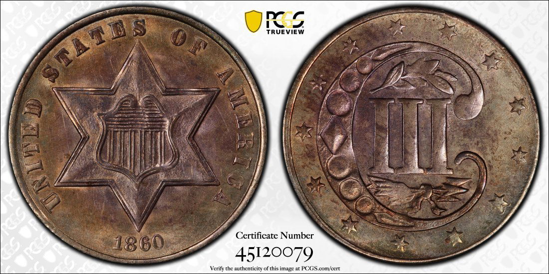 1860 United States 3 Cent Silver, PCGS UNC Details- Questionable Color (1 of 2)