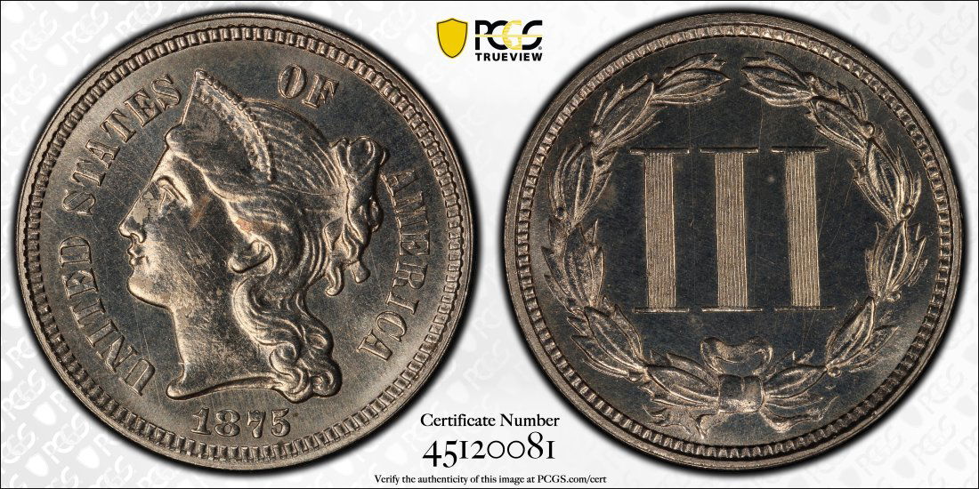 1875 United States 3 Cent Nickel, PCGS UNC Details (1 of 2)