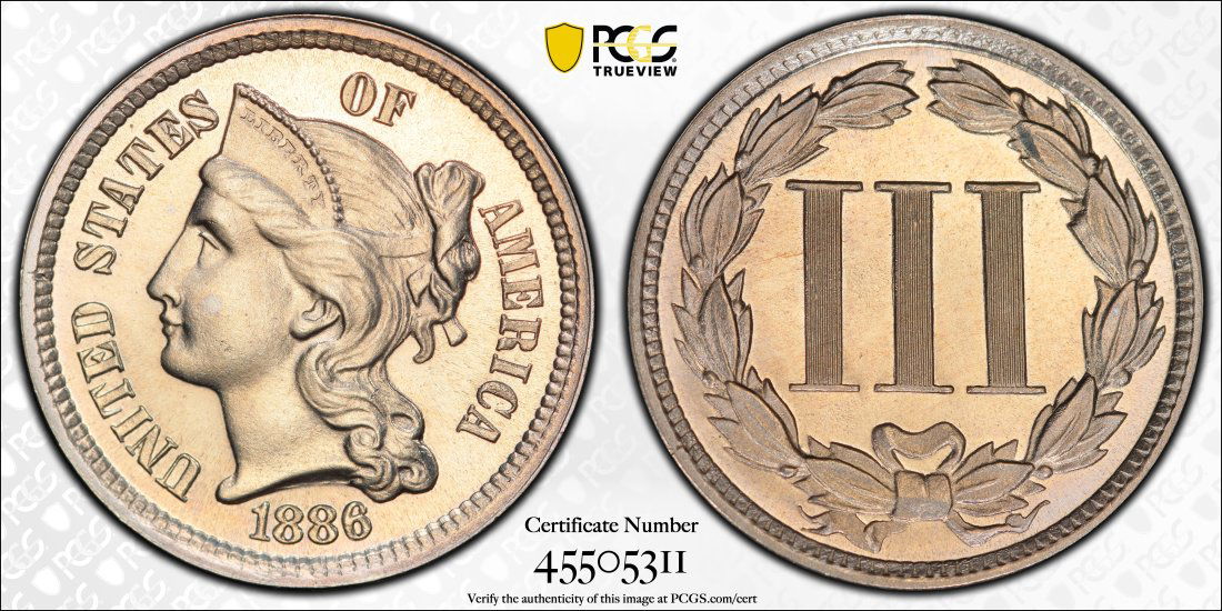 1886 United States 3 Cent Nickel, PCGS PR63 (1 of 2)