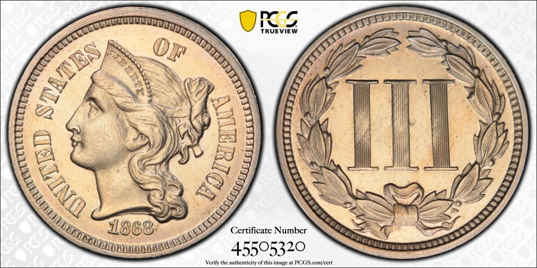 1868 United States 3 Cent Nickel Proof, PCGS UNC Details (1 of 2)