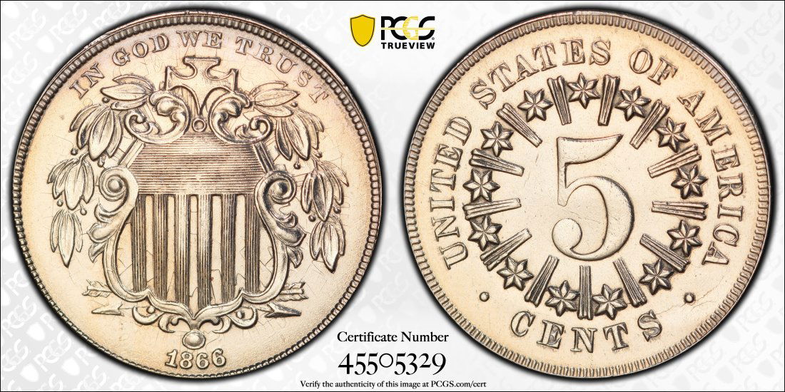1866 United States 5 Cent "Shield" Nickel, PCGS UNC Details (1 of 2)