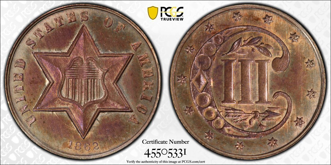 1862 United States 3 Cent Silver, PCGS UNC Details (1 of 2)