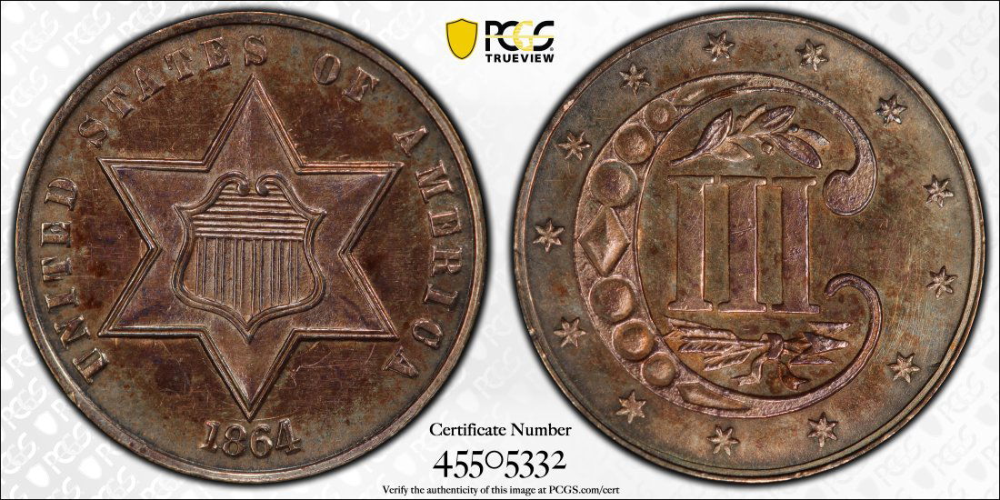 1864 United States 3 Cent Silver, PCGS UNC Details (1 of 2)