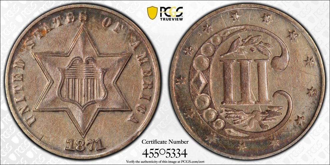 1871 United States 3 Cent Silver, PCGS XF Details (1 of 2)