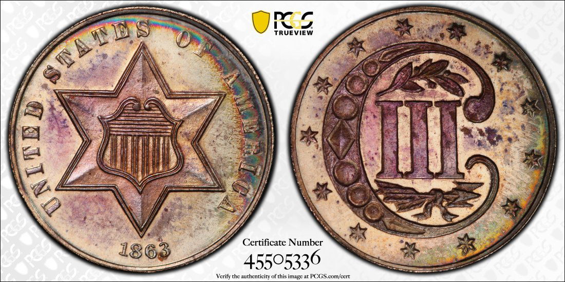 1863 United States 3 Cent Silver Proof, PCGS PR62 (1 of 2)