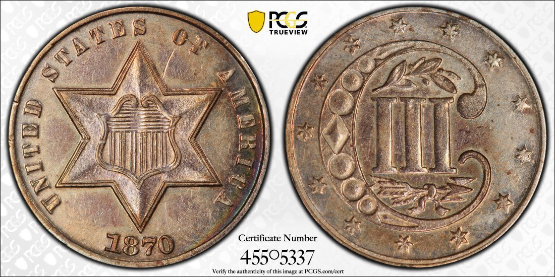 1870 United States 3 Cent Silver, PCGS AU Details (1 of 2)