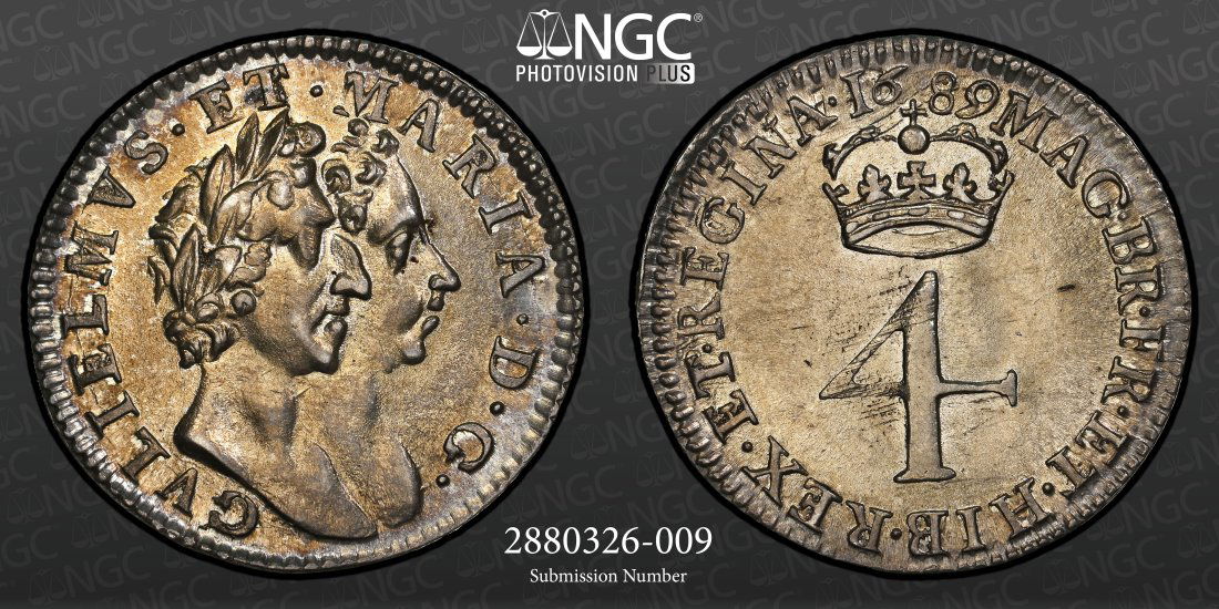 1689 England 4 Pence William & Mary, NGC MS64 (1 of 3)