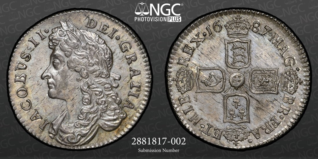 1687 England 6 Pence "Bull-777 ESC-1526B", NGC MS63- TOP POP!: 1687 England 6 Pence "Bull-777 ESC-1526B", NGC MS63. Certification #: 2881817-002** TOP POP- NONE FINER **