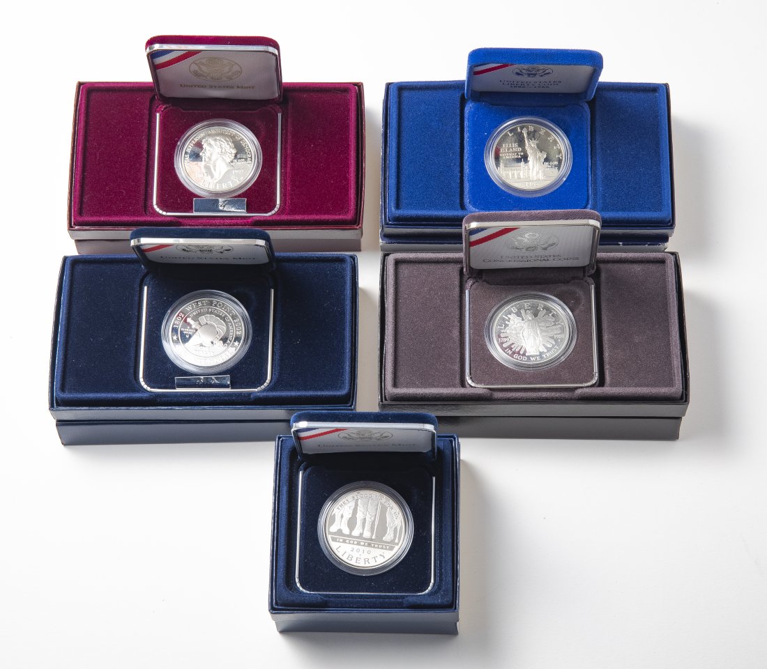 Five (5) Commemorative Silver Proof Dollars w/ Cases & COA. (1 of 2)
