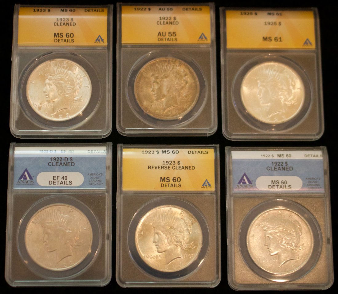 Six (6) United States Peace Dollars- ANACS Slabbed (1 of 2)
