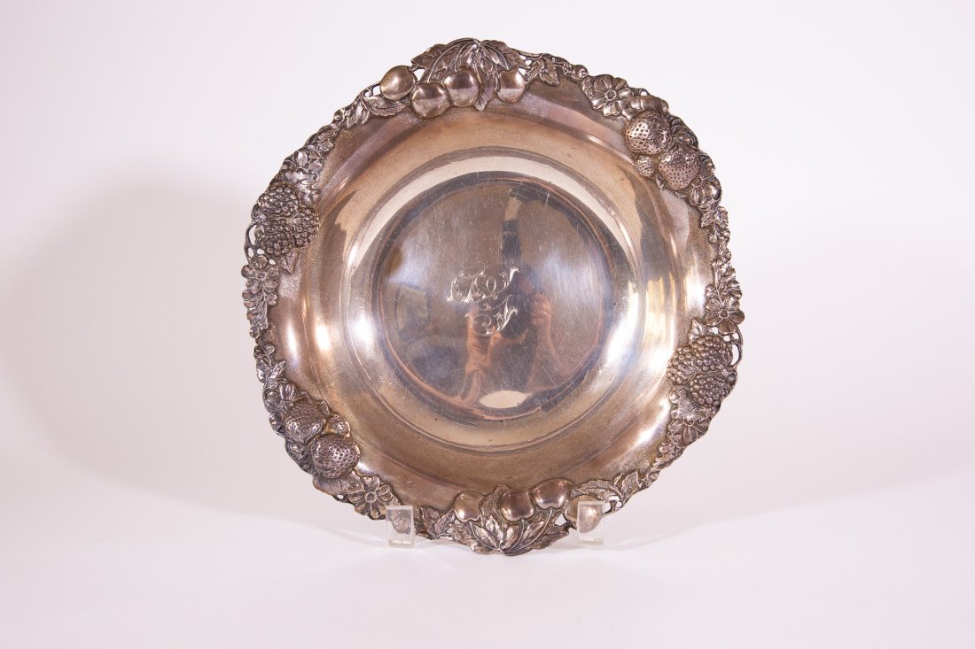 Antique Gorham Sterling Silver Berry & Cherry Bowl: An antique Gorham sterling silver berry and cherry sculpted bowl.Size: 2.5 inches high x 10 inches wideWeight: 14.3oztCondition: Monogram at center