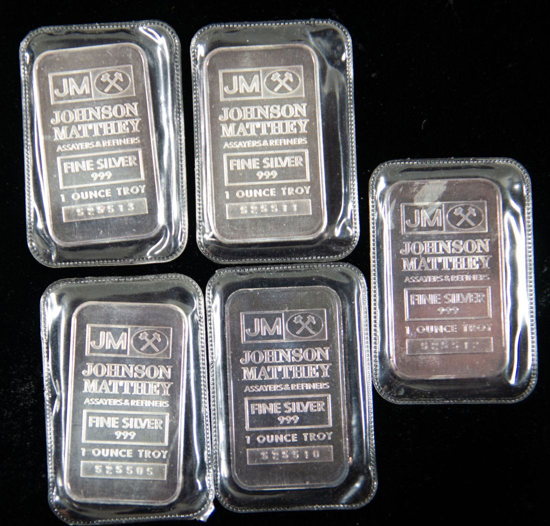 Five (5) Johnson Matthey 1oz Silver Bars