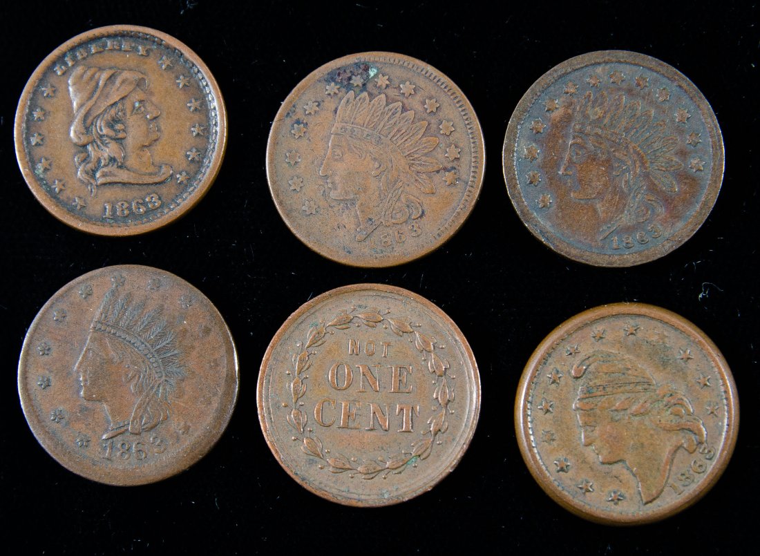 Six (6) United States Civil War Copper Tokens (1 of 2)
