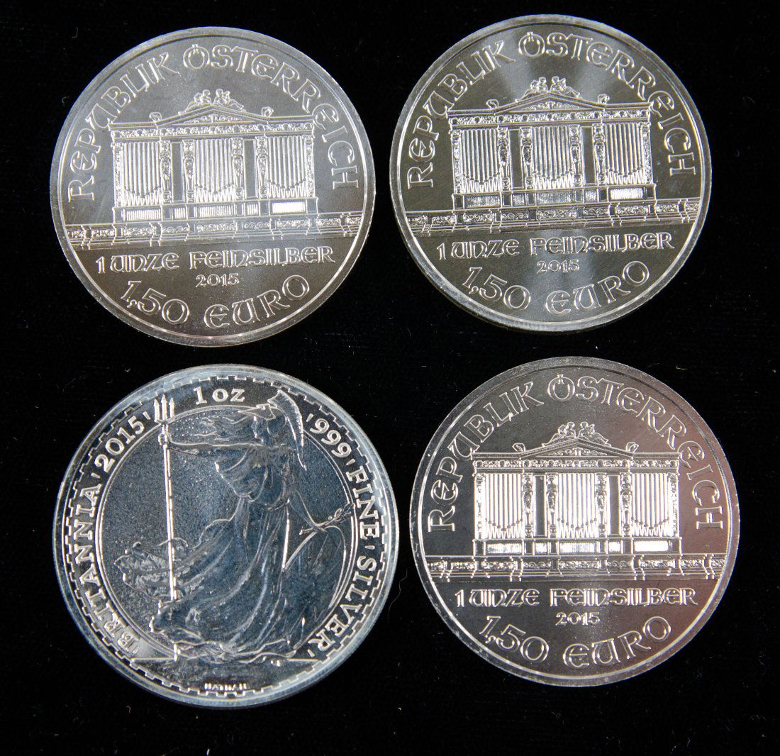 Four (4) Mixed 1oz Silver Coins- BU (3 Philharmonic, 1 Britannia) (1 of 2)
