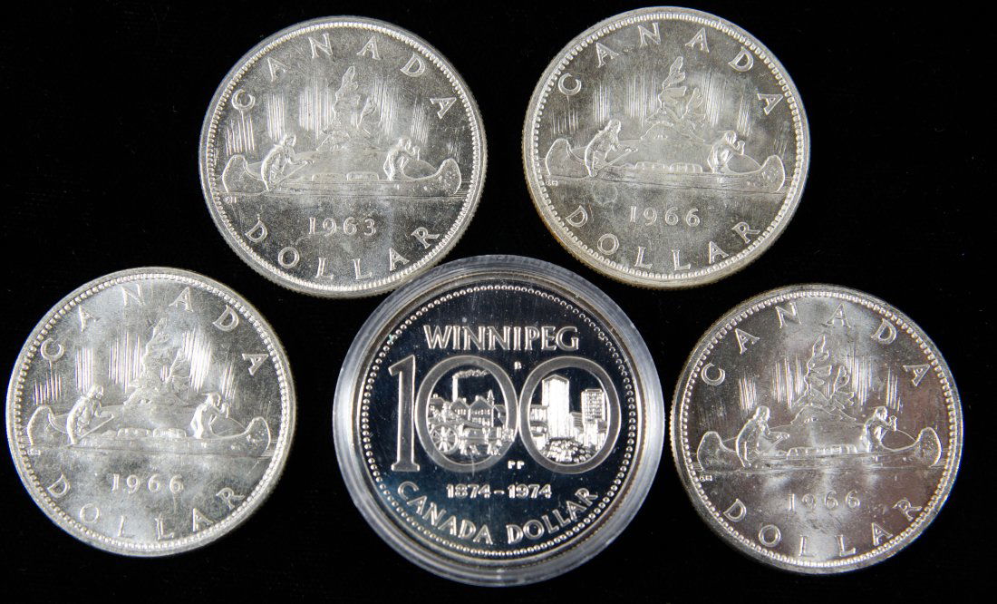 Five (5) Mixed Date Canadian Silver Dollars- BU (1 of 2)