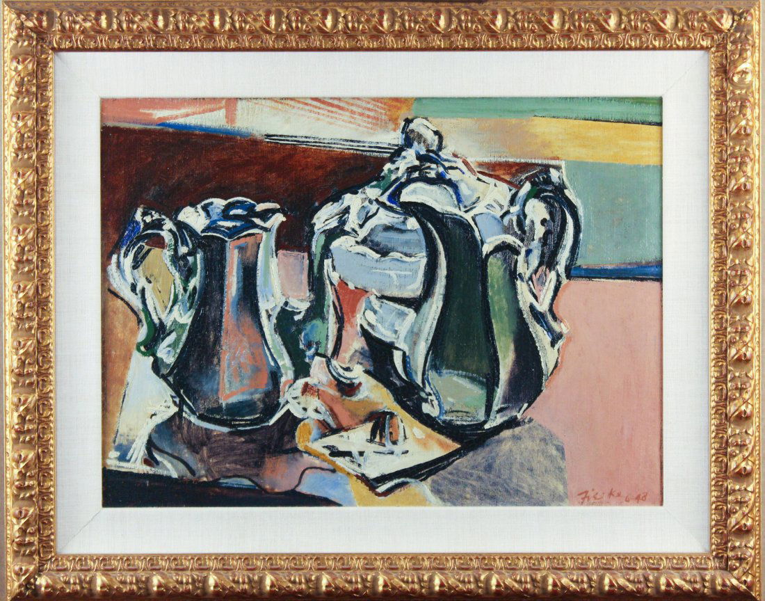 Fiske Boyd Painting Still Life, Oil on Masonite: Fiske Boyd (American 1895-1975) Oil on Masonite, Modernist Still Life, 1948, signed lower right 'Fiske 6-48'. Painting measures 15.5" x 21" sight, frame is 23.25" x 29", gilt wood and gesso with linen