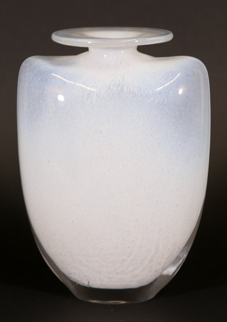 Kjell Engman for Kosta Boda Art Glass Vase: Kjell Engman for Kosta Boda Snowy Art Glass Vase, signed 'Kosta Boda Kjell Engman', sticker for Kosta Boda, 9" x 6.5" x 4.25"