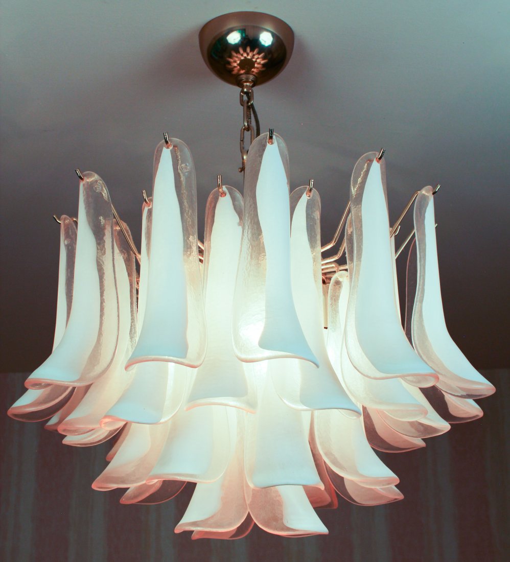 Murano Pink Glass Chandelier: Mid Century Modern Murano Pink Glass Tiered Chandelier, 40 hanging half flute shades, 26" drop x 23" diameter