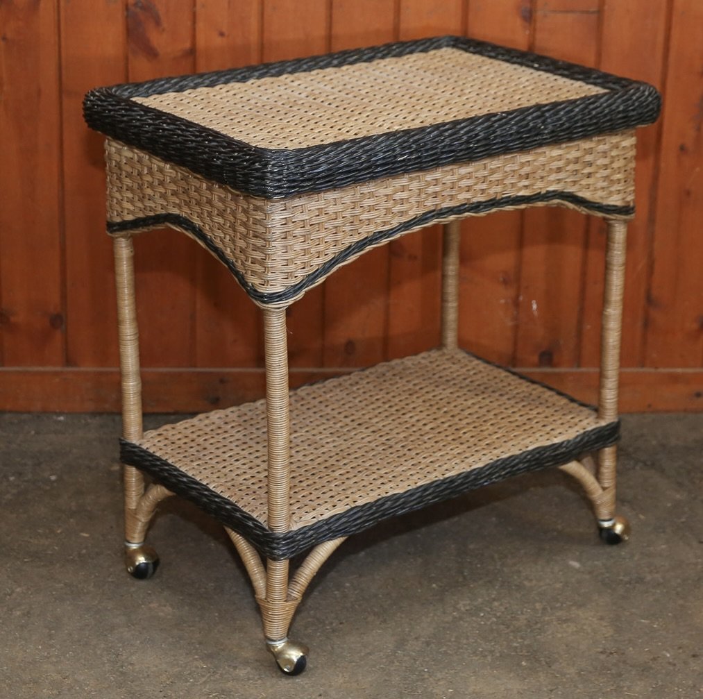 Two Tone Wicker Rolling Bar Cart: Black and Tan Wicker Rolling Bar Cart on brass ball casters, 32" x 30.5" x 20.5"