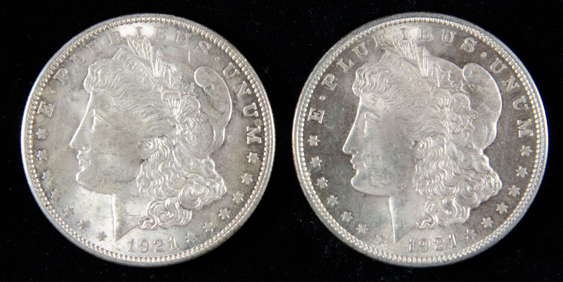 Two (2) 1921 United States Morgan Silver Dollars- UNC (One Semi PL) (1 of 3)