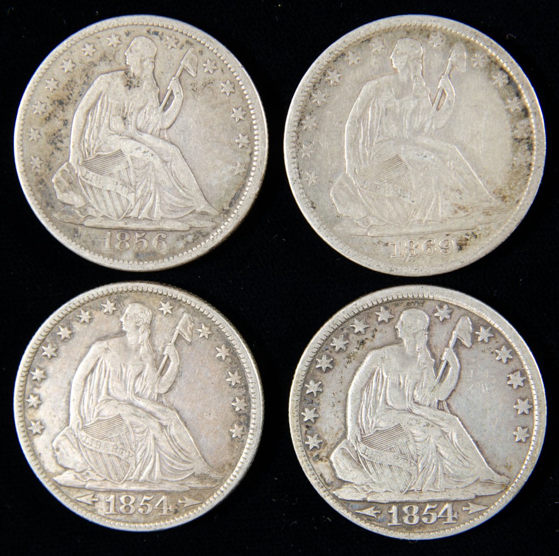 Four (4) Mixed Date United States Seated Liberty Half Dollars (1856, 1854-O(2), 1869-S) (1 of 2)