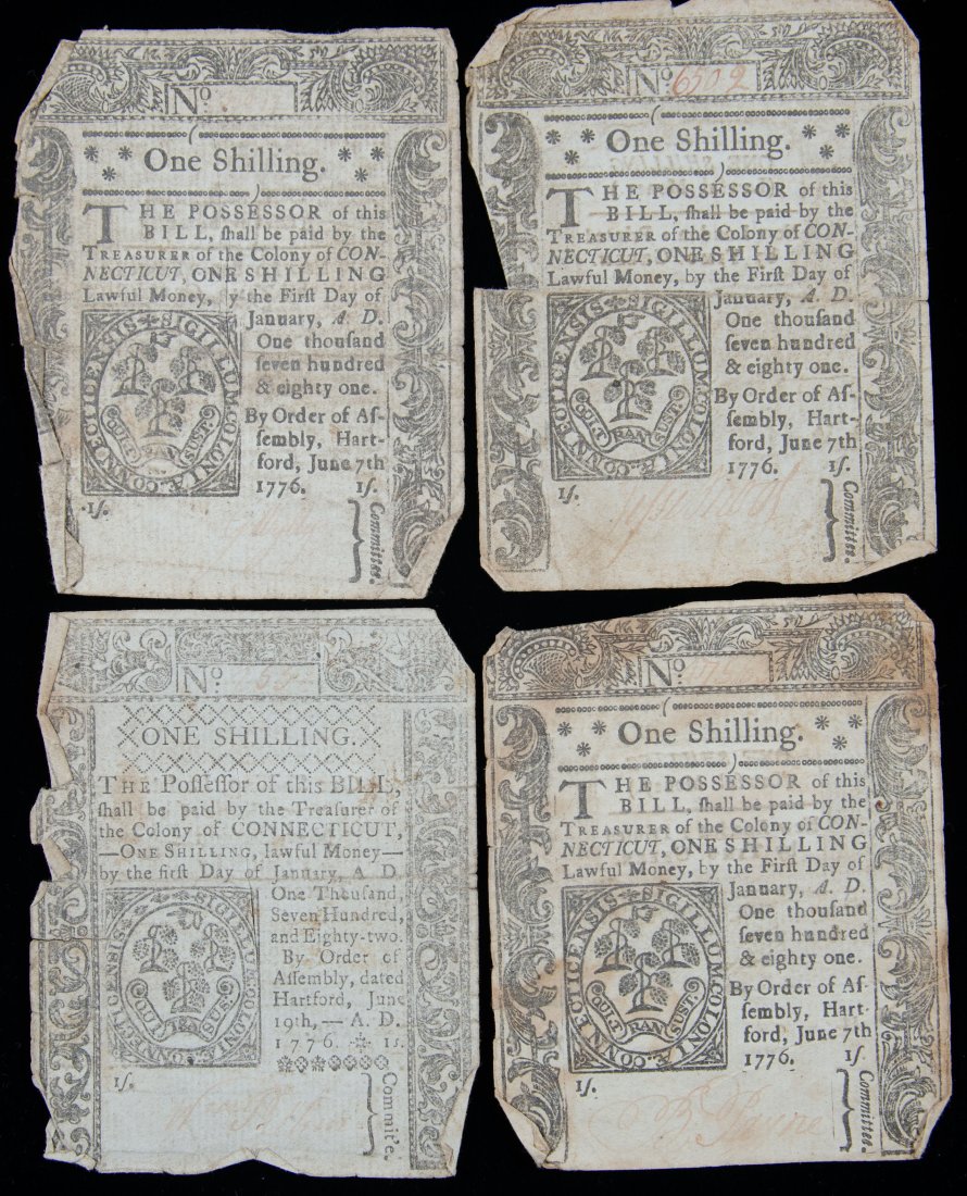 Four (4) 1776 Connecticut One Shilling Notes Colonial Currency (1 of 2)