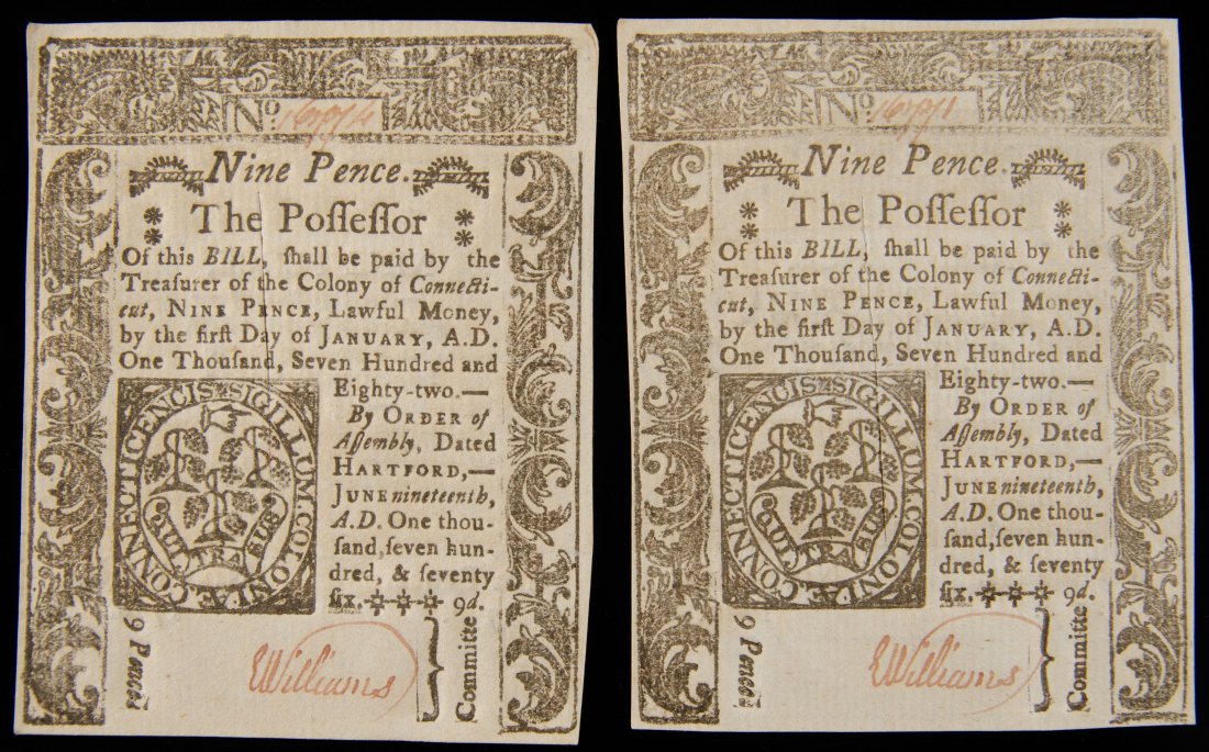 Two (2) 1776 Connecticut Nine Pence Notes UNC Colonial Currency (1 of 2)