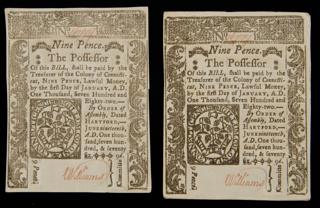 Two (2) 1776 Connecticut Nine Pence Notes UNC Colonial Currency (1 of 2)