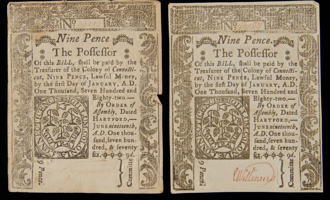 Two (2) 1776 Connecticut Nine Pence Notes UNC Colonial Currency (1 of 2)