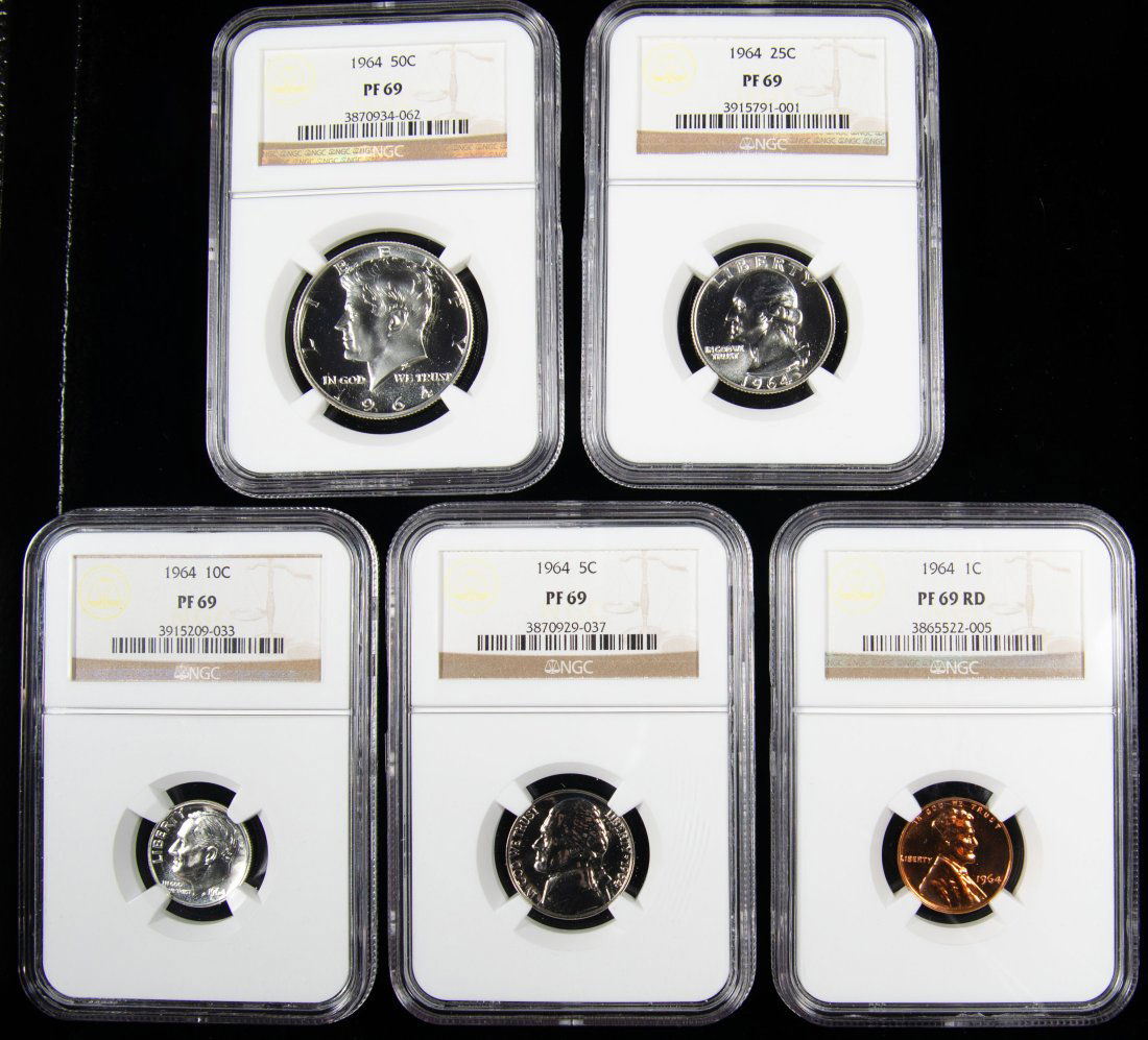 Five(5) 1964 United States Proof Set NGC PF69- Half, Quarter, Dime, Nickel, Cent (1 of 2)