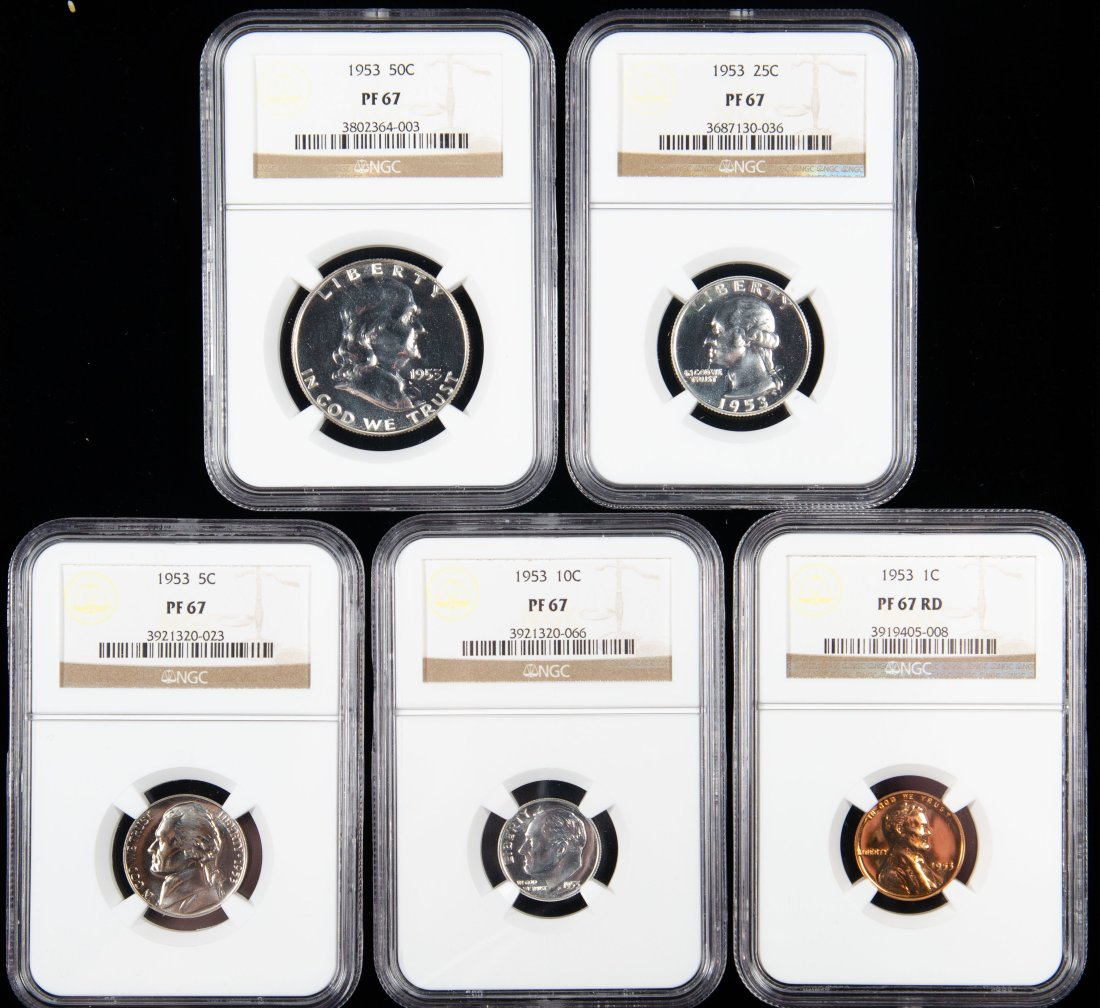 Five(5) 1953 United States Proof Set NGC PF67 - Half, Quarter, Dime, Nickel, Cent (1 of 2)