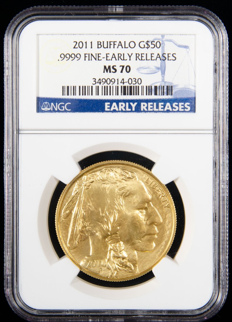2011 United States $50 Gold Buffalo 1oz NGC MS70: 2011 United States $50 gold buffalo 1oz graded NGC MS70. Early releases holder. Certification #: 3490914-030. Please see the pictures for details of condition.