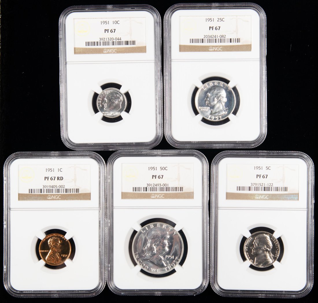 Five(5) 1951 United States Proof Set NGC PF67 - Half, Quarter, Dime, Nickel, Cent (1 of 2)