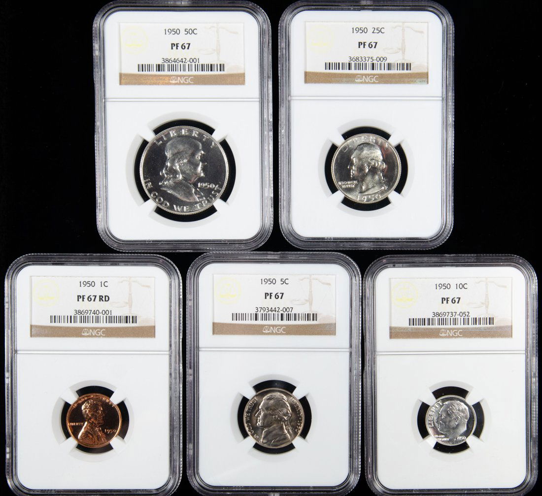 Five(5) 1950 United States Proof Set NGC PF67 - Half, Quarter, Dime, Nickel, Cent (1 of 2)