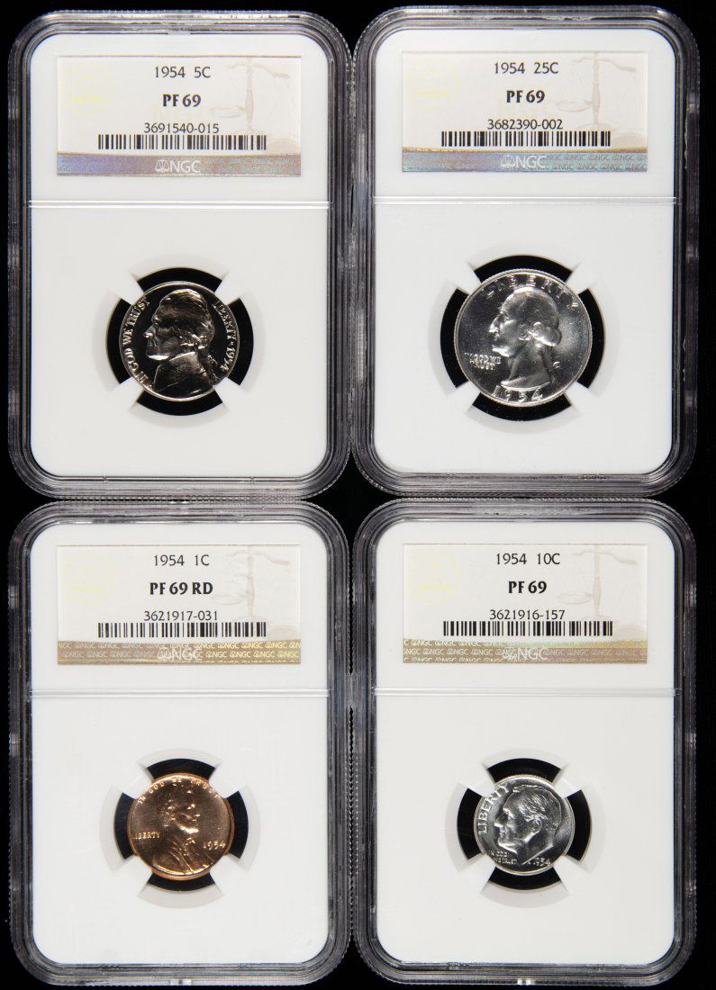 Four(4) 1954 United States Proof Set NGC PF69 - Quarter, Dime, Nickel, Cent (1 of 2)