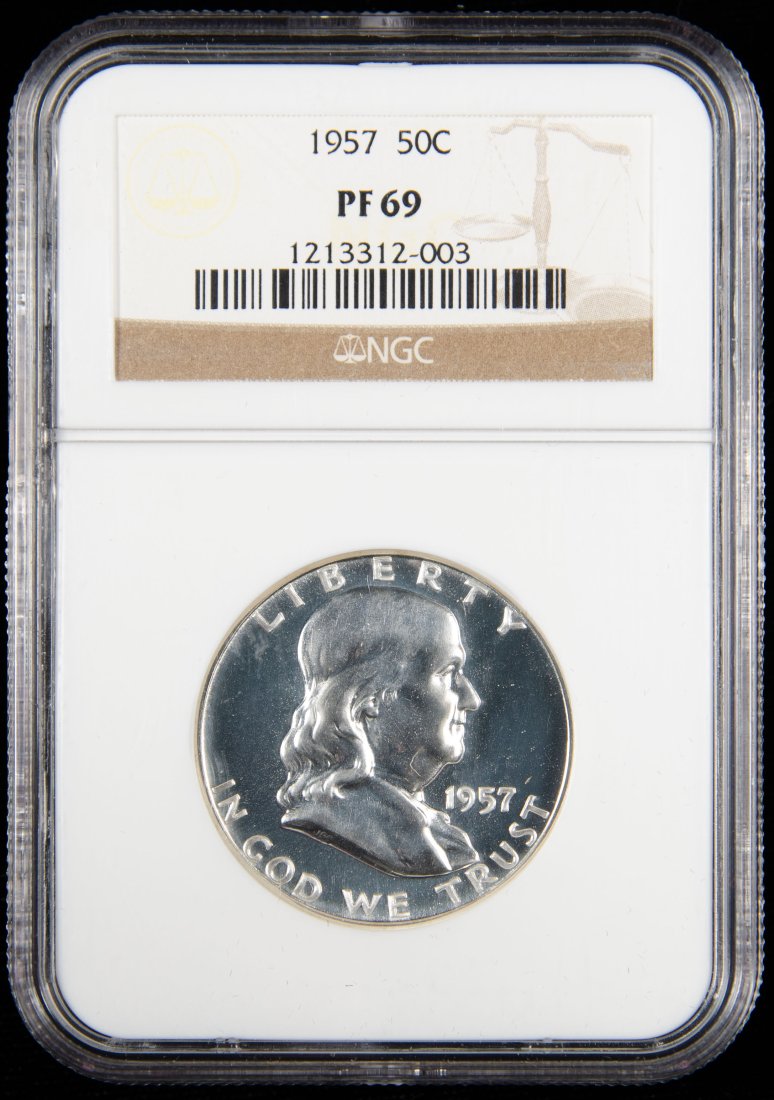 1957 United States Ben Franklin Proof Half Dollar NGC PF69: 1957 United States Ben Franklin proof half dollar graded NGC PF69. Certification #: 1213312-003. Please see the pictures for details of condition.
