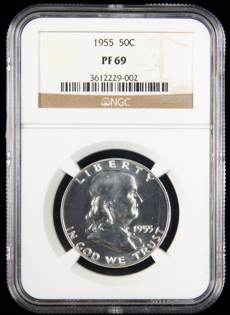 1955 United States Ben Franklin Proof Half Dollar NGC PF69: 1955 United States Ben Franklin proof half dollar graded NGC PF69. Certification #: 3612229-002. Please see the pictures for details of condition.