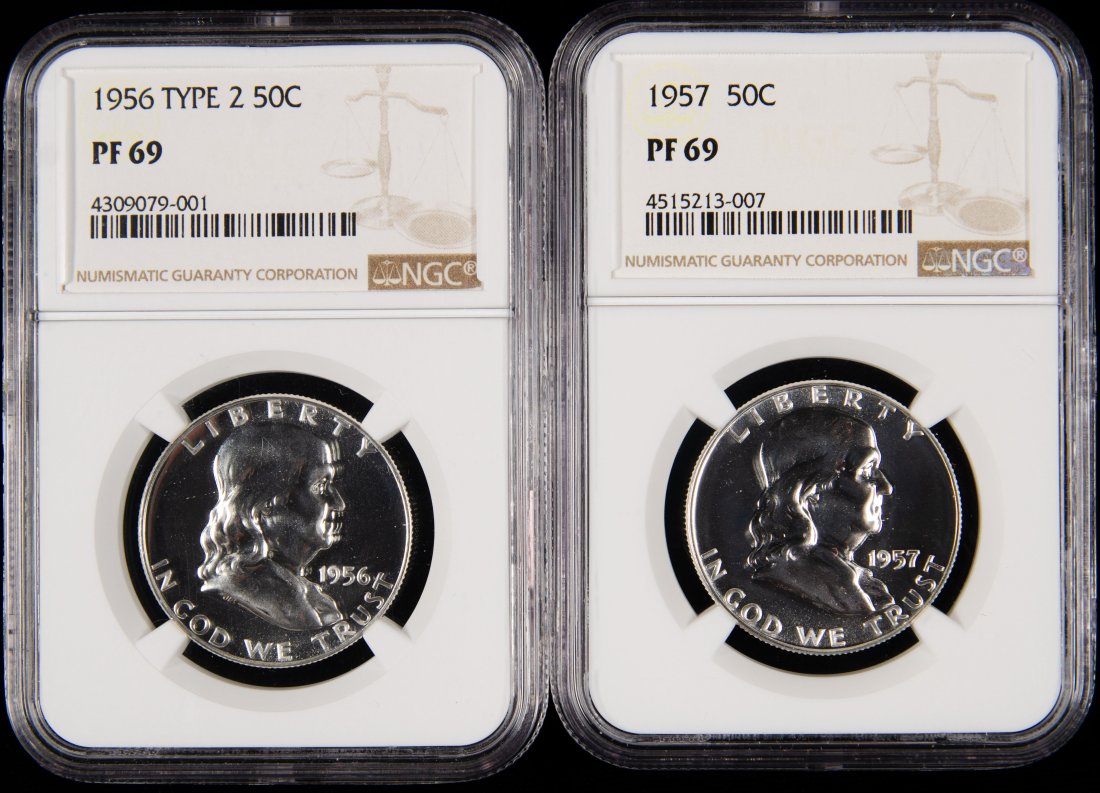 1956 & 1957 United States Ben Franklin Proof Half Dollar NGC PF69: 1956 and 1957 United States Ben Franklin proof half dollar graded NGC PF69. Please see the pictures for details of condition.
