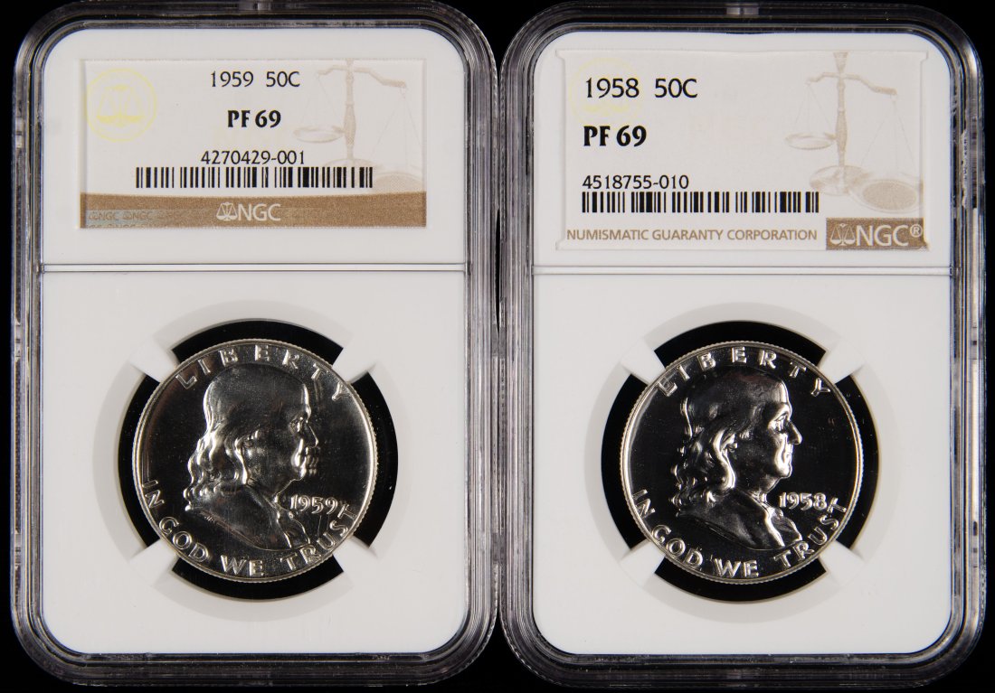 1958 & 1959 United States Ben Franklin Proof Half Dollar NGC PF69: 1958 and 1959 United States Ben Franklin proof half dollar graded NGC PF69. Please see the pictures for details of condition.