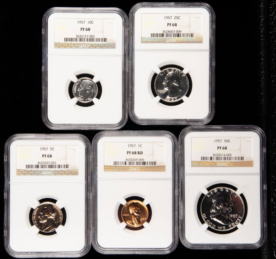 Five(5) 1957 United States Proof Set NGC PF68 - Half, Quarter, Dime, Nickel, Cent (1 of 2)